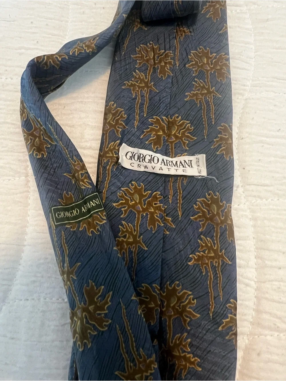 Vintage Giorgio Armani Blue Tie with Gold Palm Motif